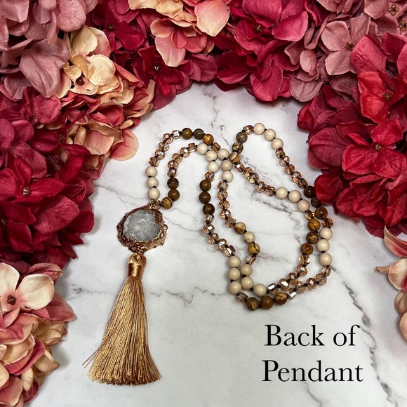 Natural Stone Beaded Necklace with Gold Dipped Agate Druzy Pendant & Tassel - Picture 10 of 15